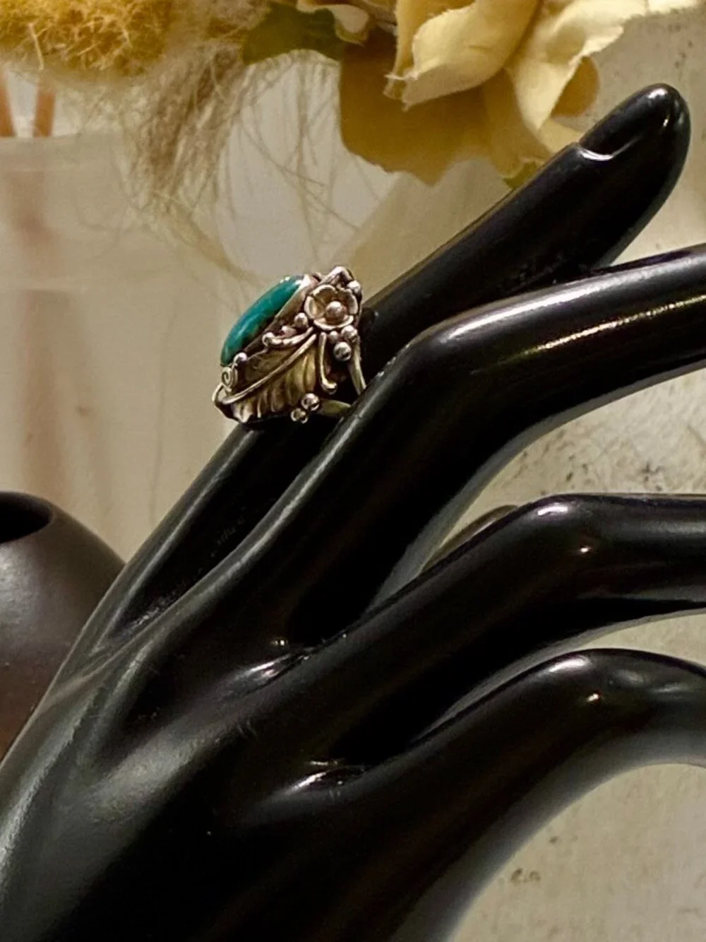 Vintage Handmade Navajo Sterling Silver Genuine Turquoise Feather Statement Ring